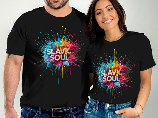 Slavic Soul colorful paint splatter black shirt product type