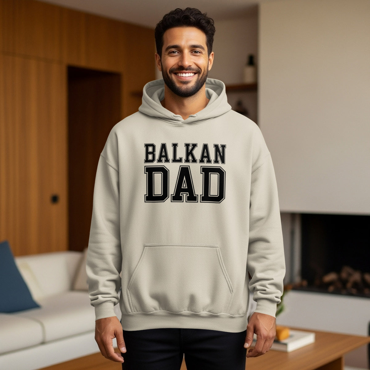 Light grey hoodie with black text reading "BALKAN DAD" on the chest.