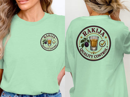 Mint t-shirt with "Rakija Quality Control" logo featuring plum and shot glass.