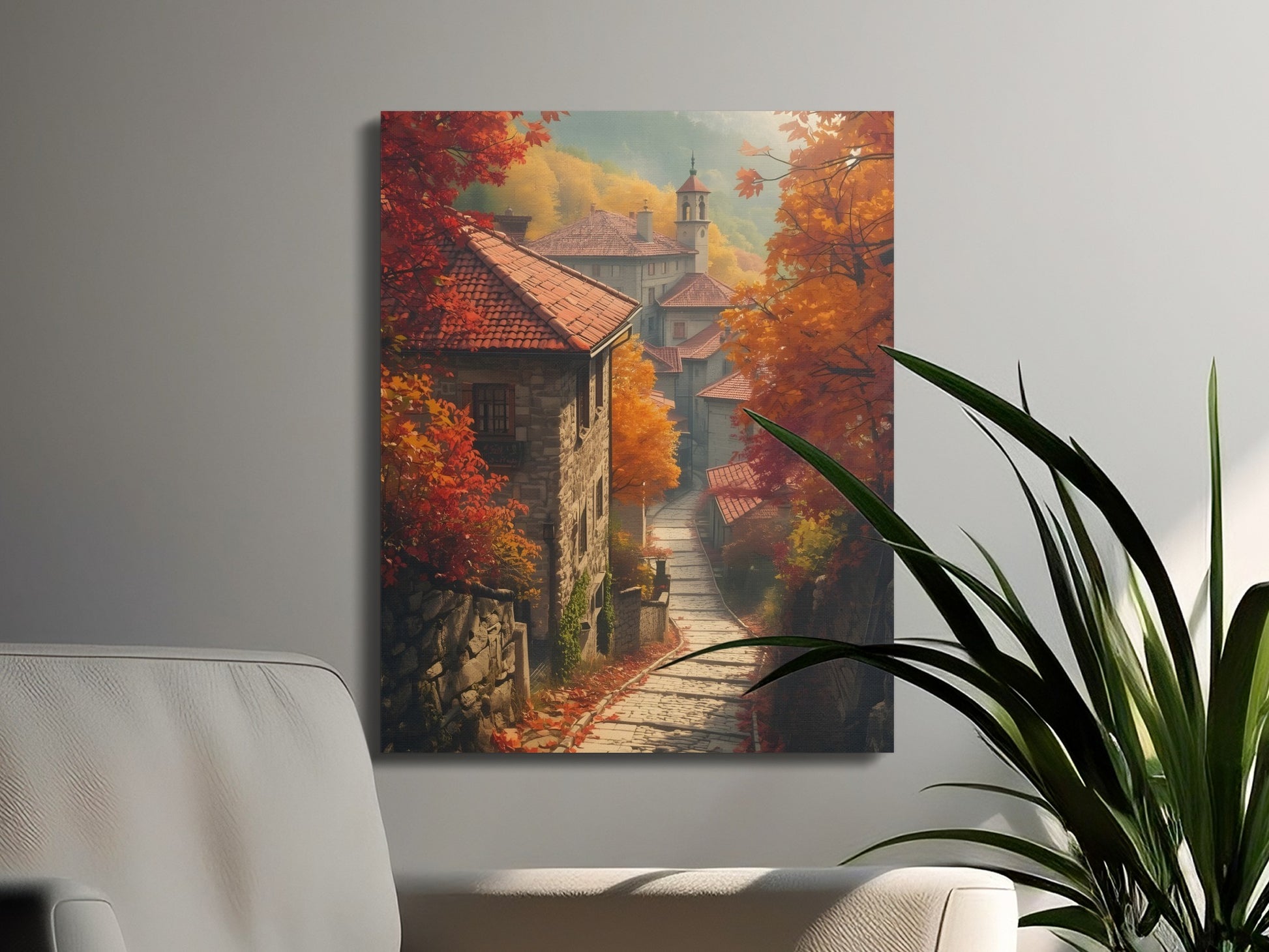 Autumn Village Scene with Red Leaves Canvas product