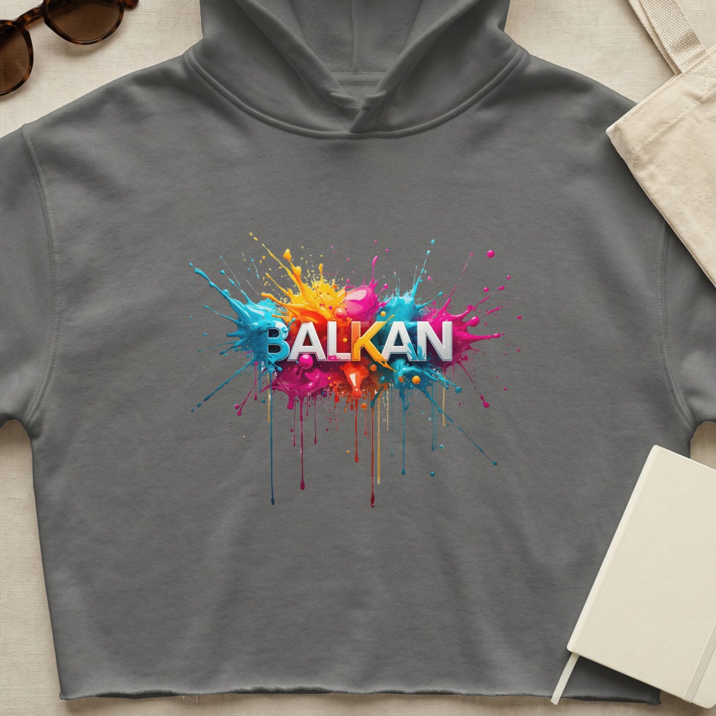 Grey Balkan Paint Splatter Vivid Graphic Cropped Hoodie
