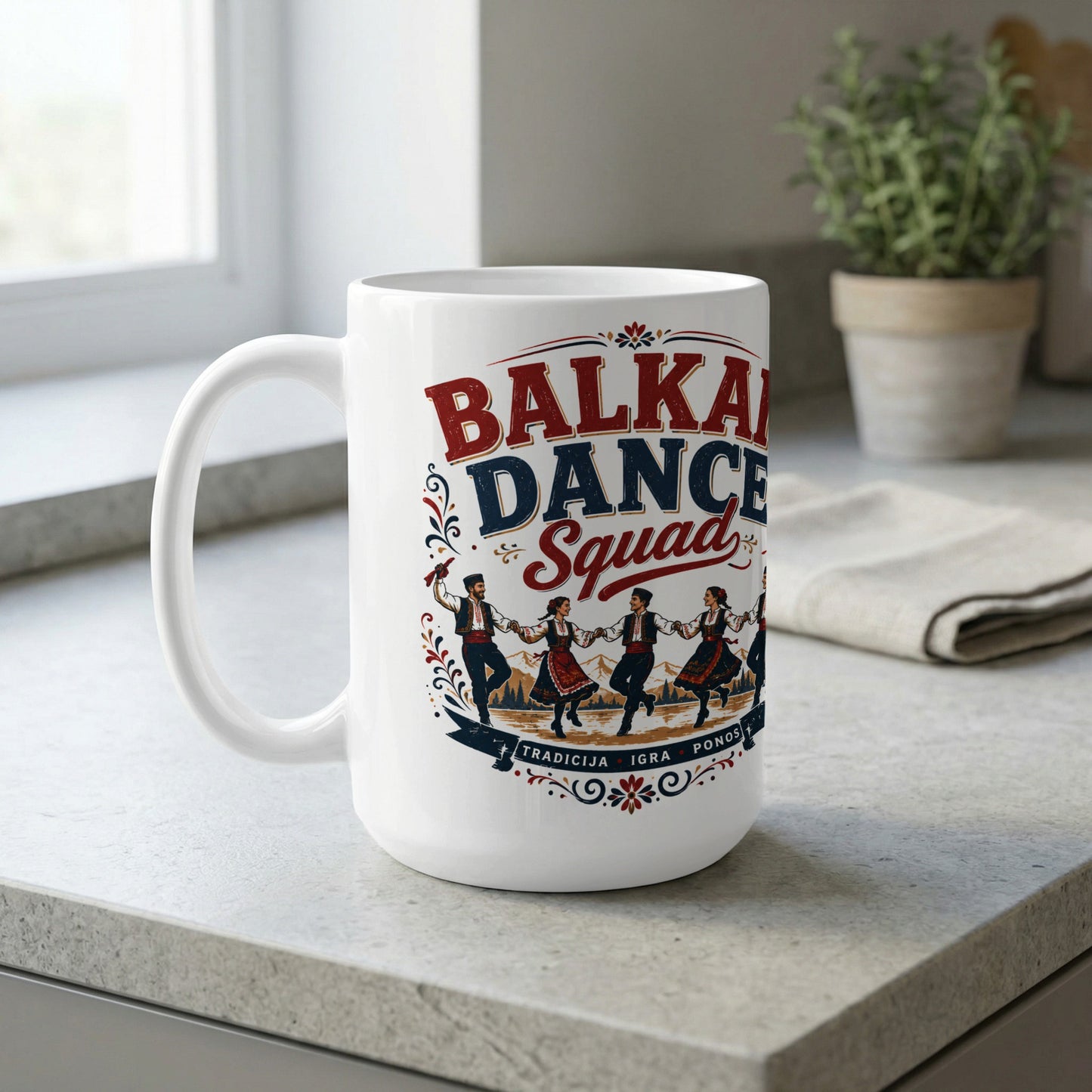 White mug with "Balkan Dance Squad" text and traditional dancers.