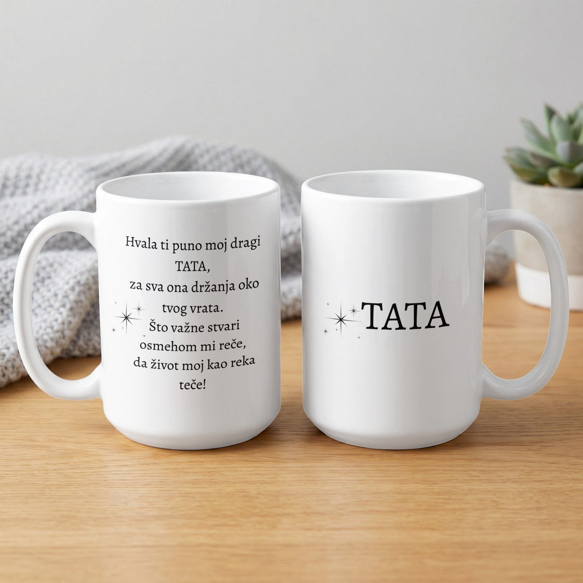 White mug with "TATA" and a Croatian message about a father's love.
