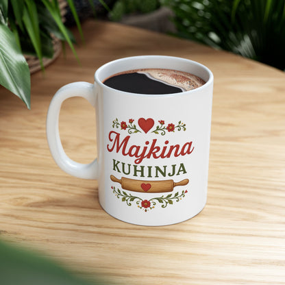 White mug with a rolling pin and "Majkina KUHINJA" text.