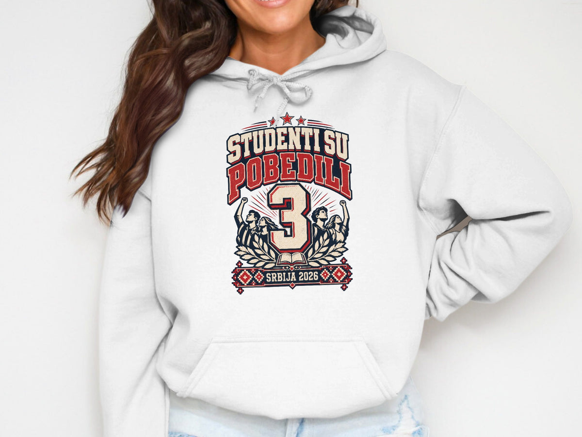 A person wearing a white hooded sweatshirt printed with a graphic featuring text and the number three.