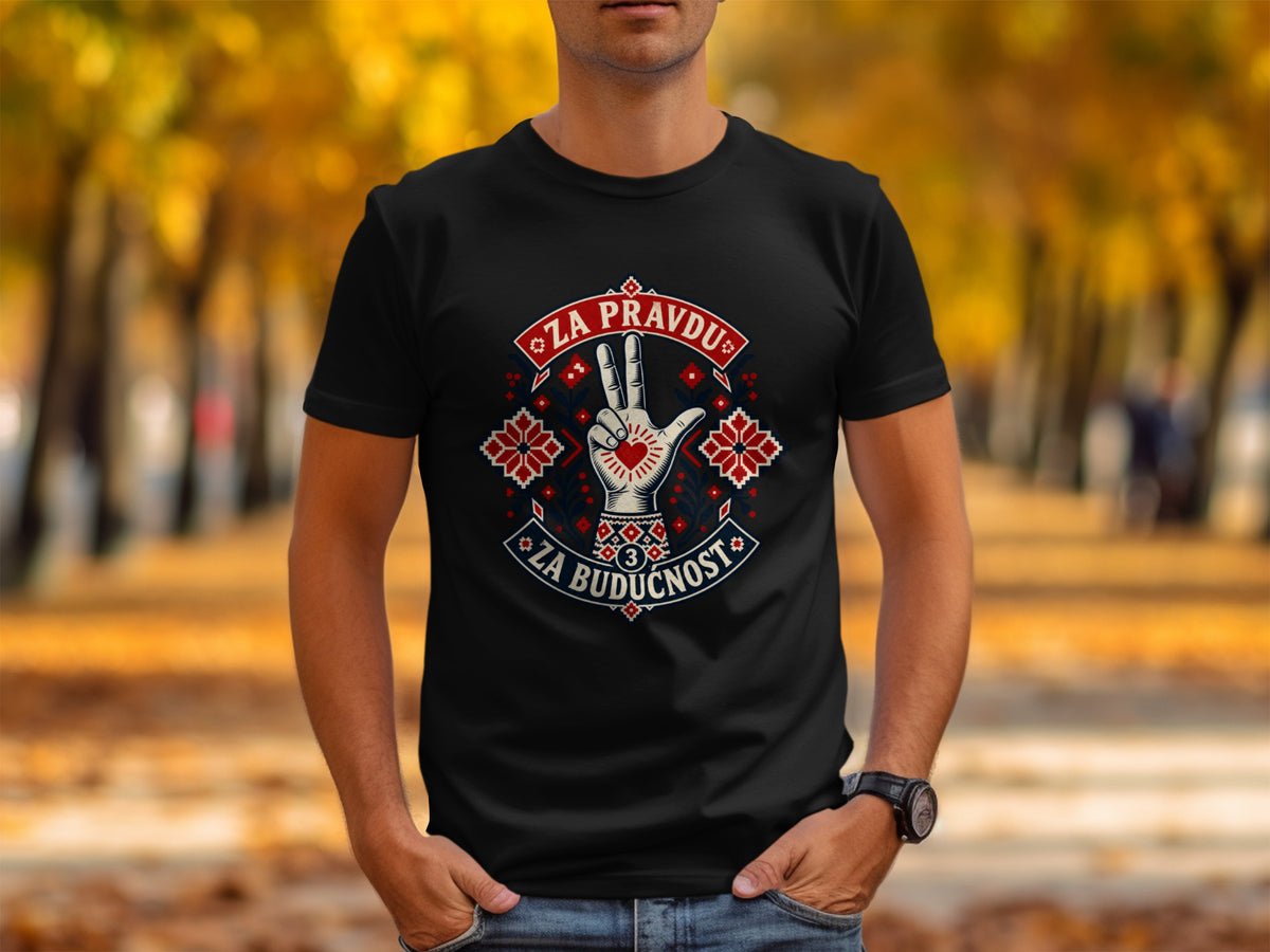 A man wearing a black t-shirt with a stylized red, white, and blue graphic design.