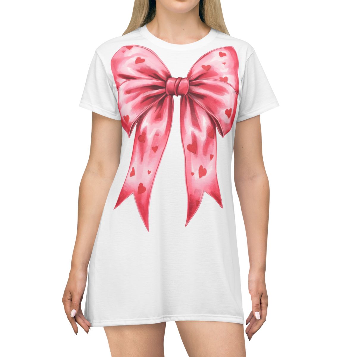 Festive Pink Bow with Hearts Oversized T-shirt Dress