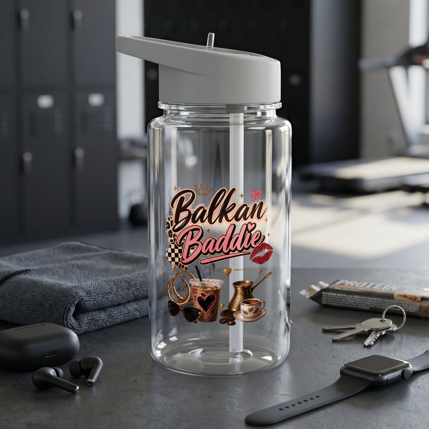 Clear water bottle with "Balkan Baddie" text and coffee-related graphics.