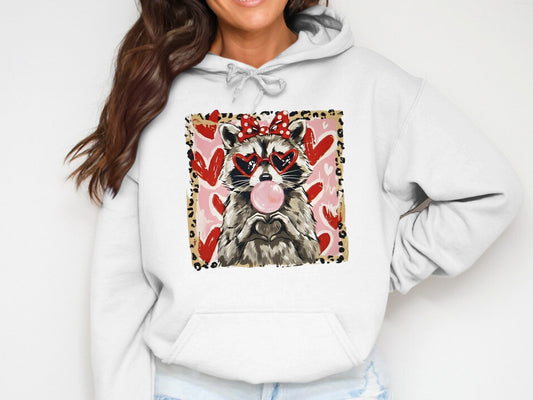 Cute Raccoon With Heart Sunglasses Valentines Hoodie