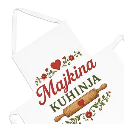 White apron with "Majkina KUHINJA" text, a rolling pin, and floral accents.