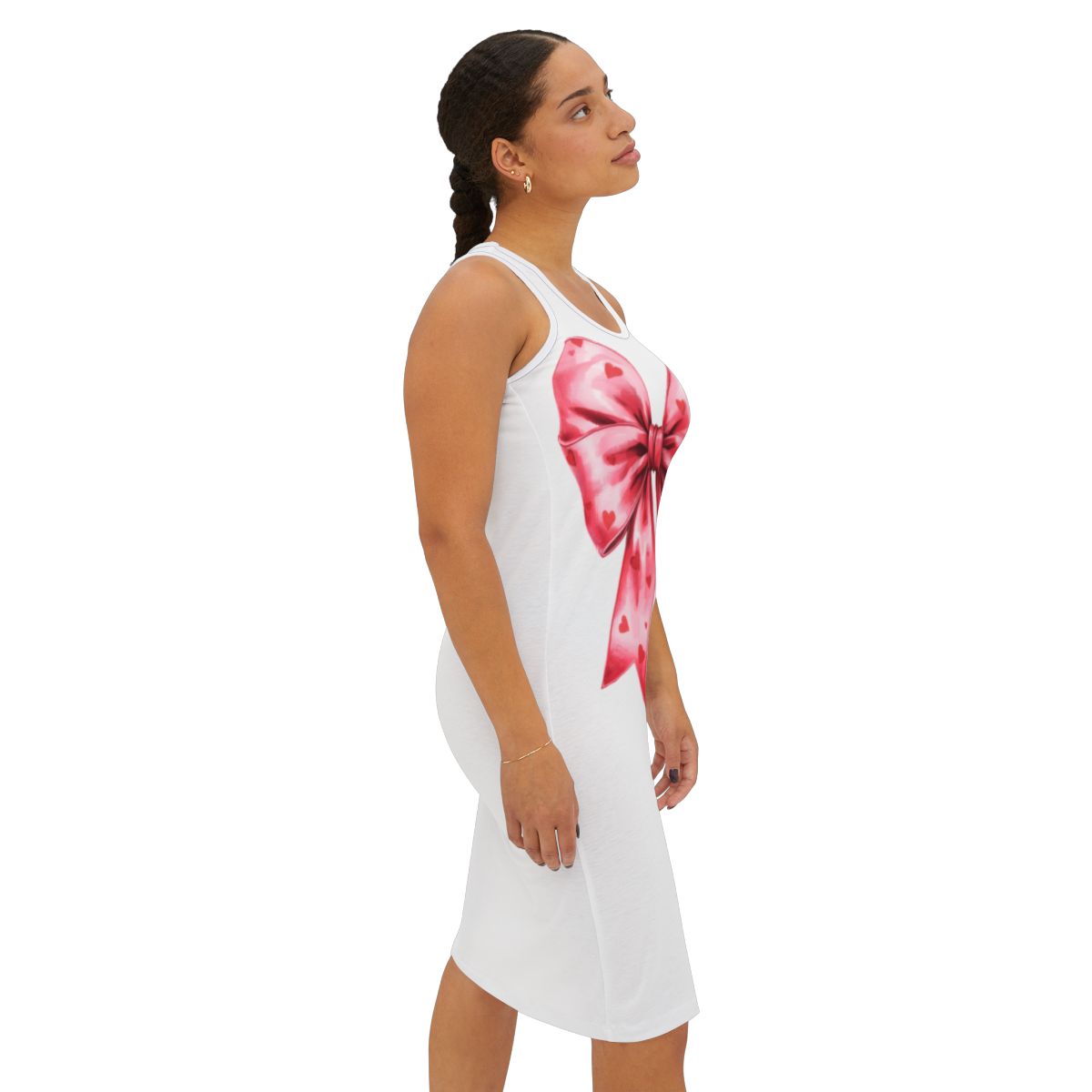 Stylish White Dress with Large Red Ribbon Design