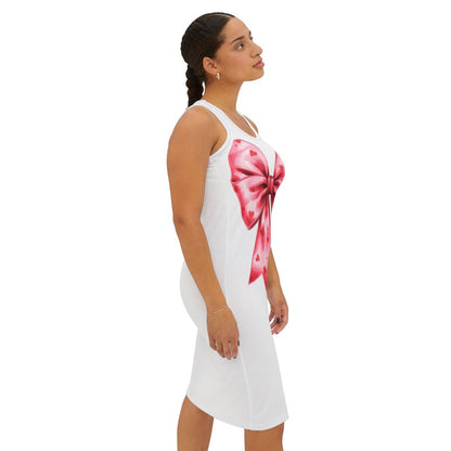 Stylish White Dress with Large Red Ribbon Design