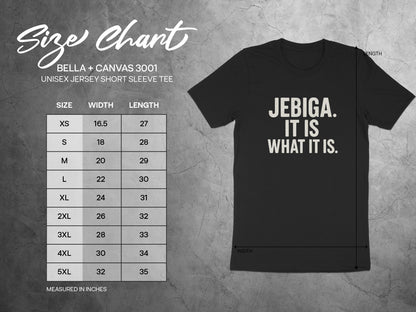 Size chart for Bella + Canvas 3001 unisex tee with shirt graphic.