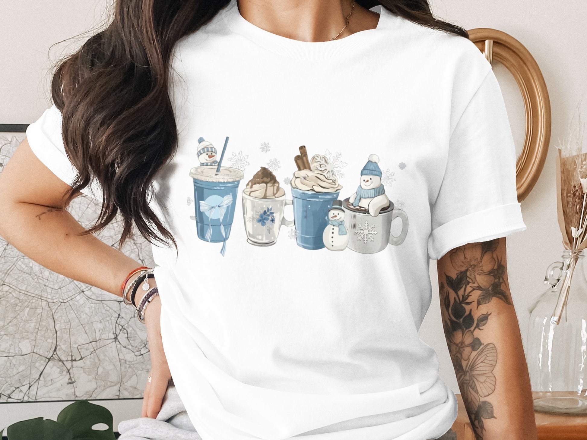 Cozy Winter-Themed Drinks and Snowman Graphic Tee