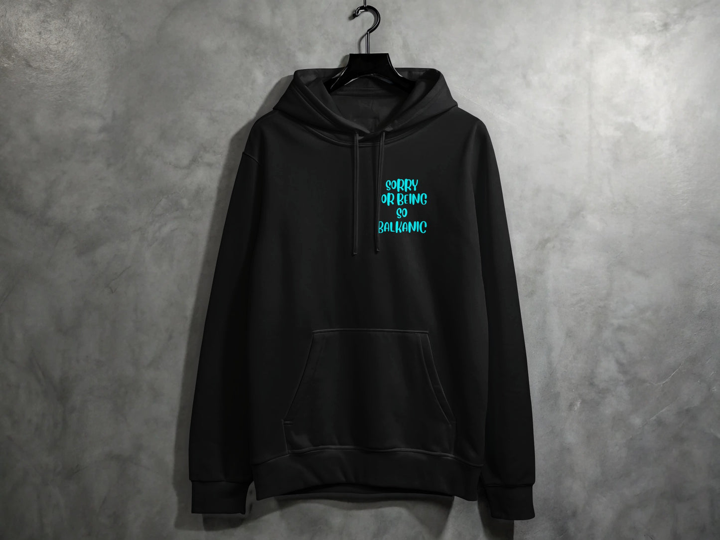 Black Hoodie with Blue Graphic and Front Pocket Design