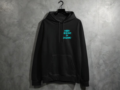 Black Hoodie with Blue Graphic and Front Pocket Design