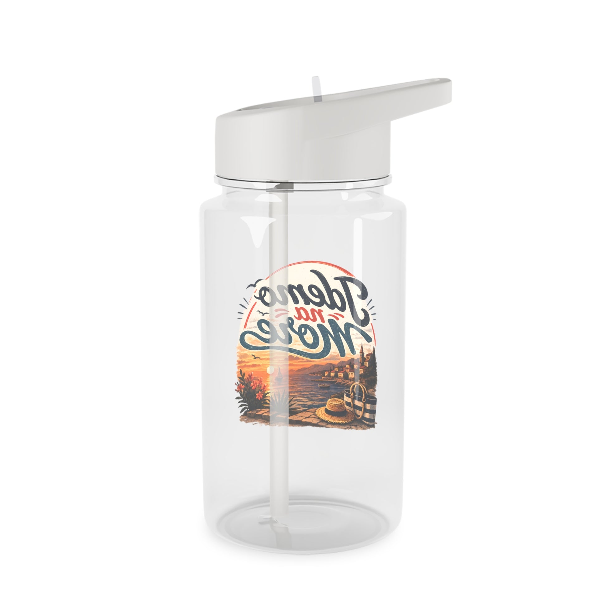 Clear water bottle with straw lid and a beach scene design.