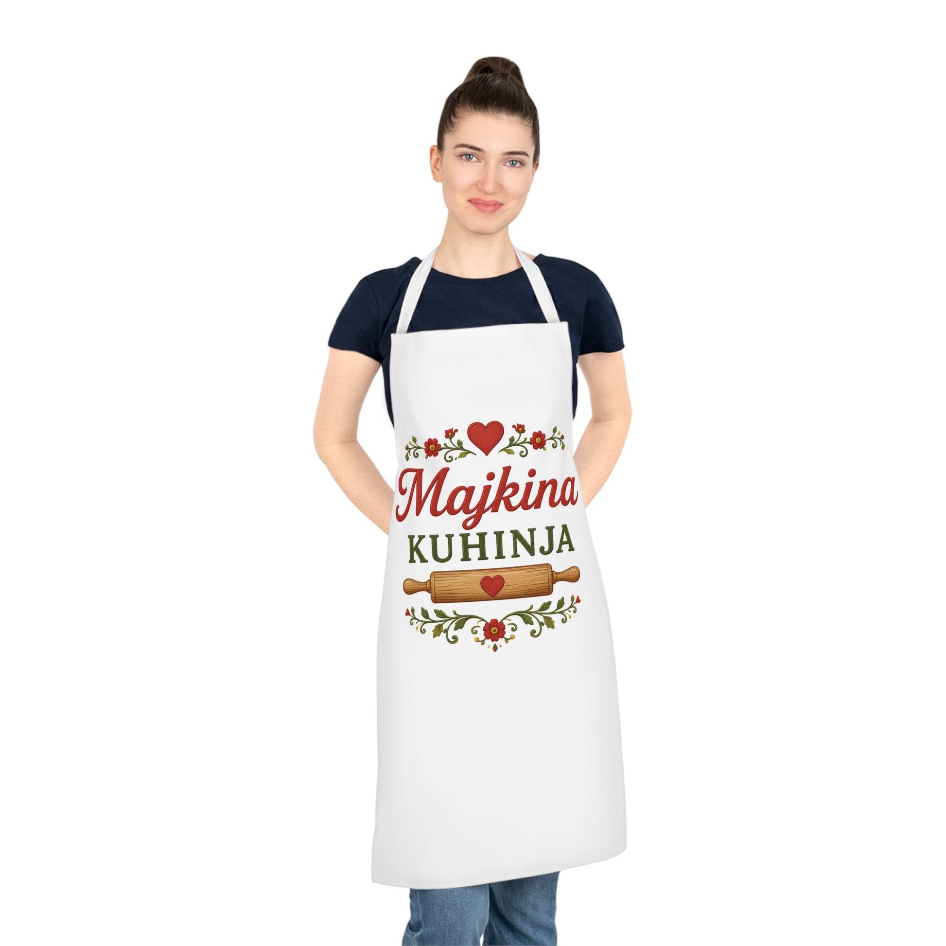 White apron with red and green floral design, hearts, and text "Majkina Kuhinja".
