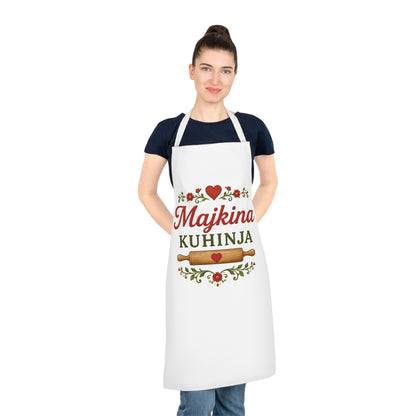 White apron with red and green floral design, hearts, and text "Majkina Kuhinja".