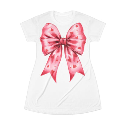 White Dress with Large Pink Bow and Red Hearts Design