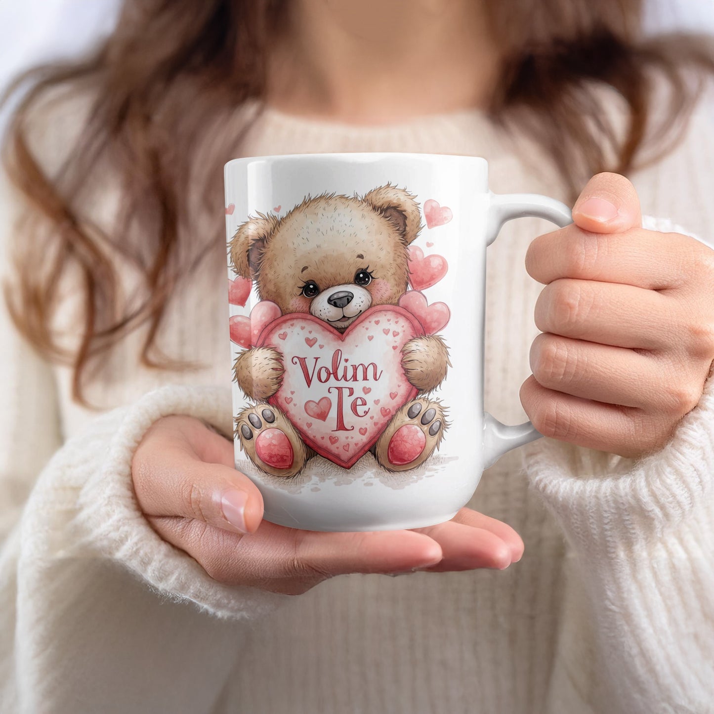 Cute Teddy Bear Volim Te Heart Design Mug