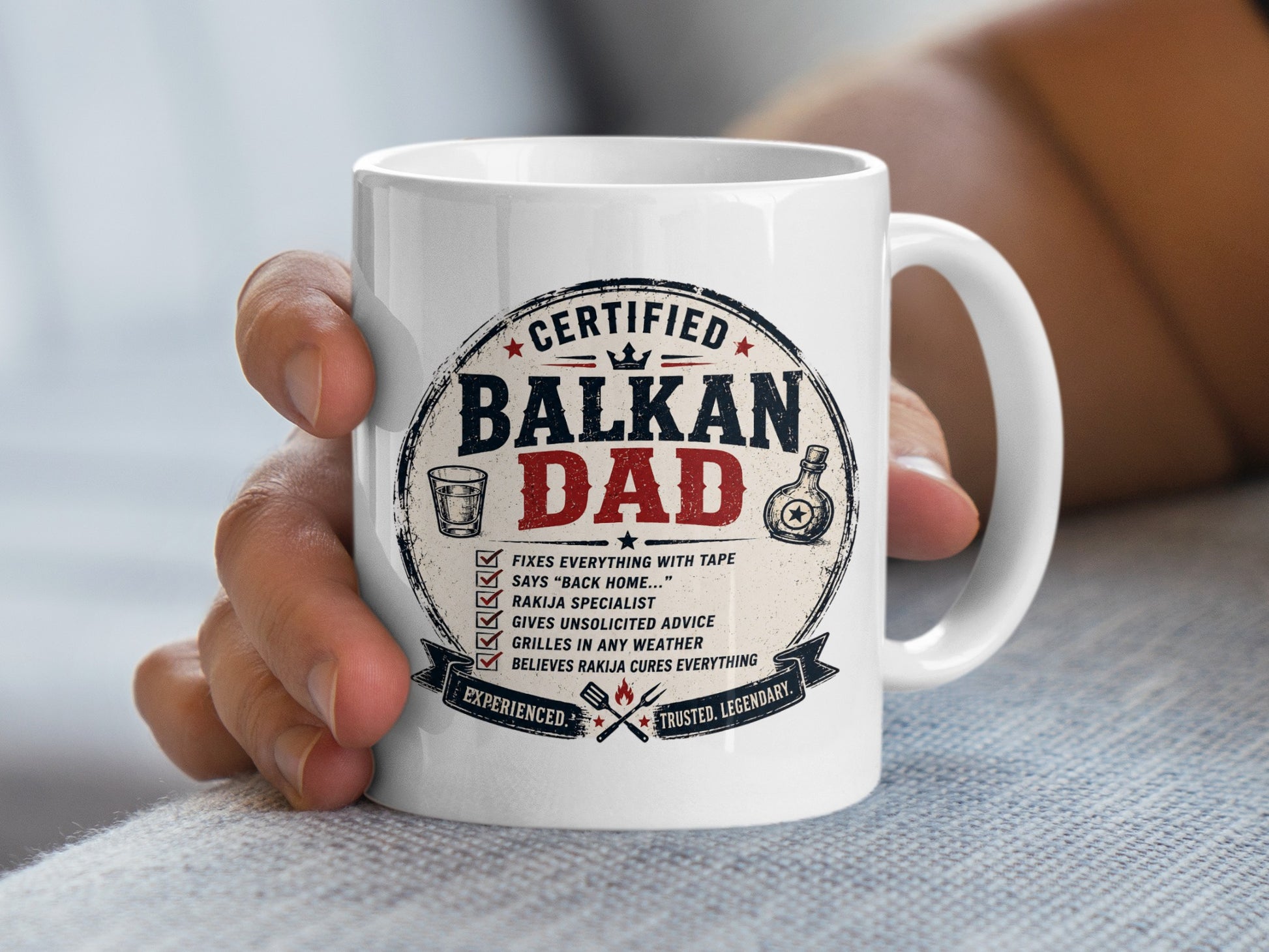 White mug with "Certified Balkan Dad" text and humorous dad-related list.
