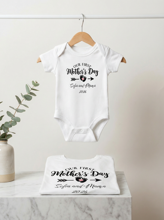 Our First Mother's Day Baby Girl and Mama 2026 Personalized T-shirt and Onesie