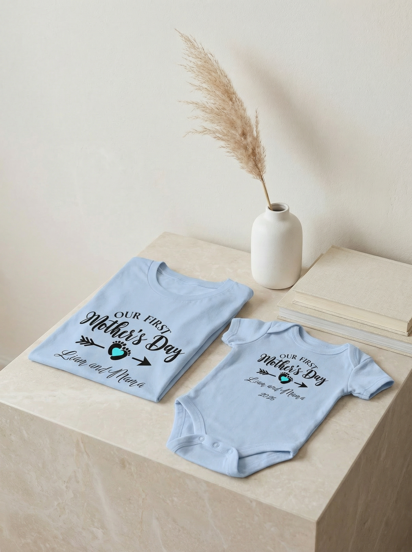 Our First Mothers Day Baby Boy and Mama 2026 Custom T-shirts and Onesie