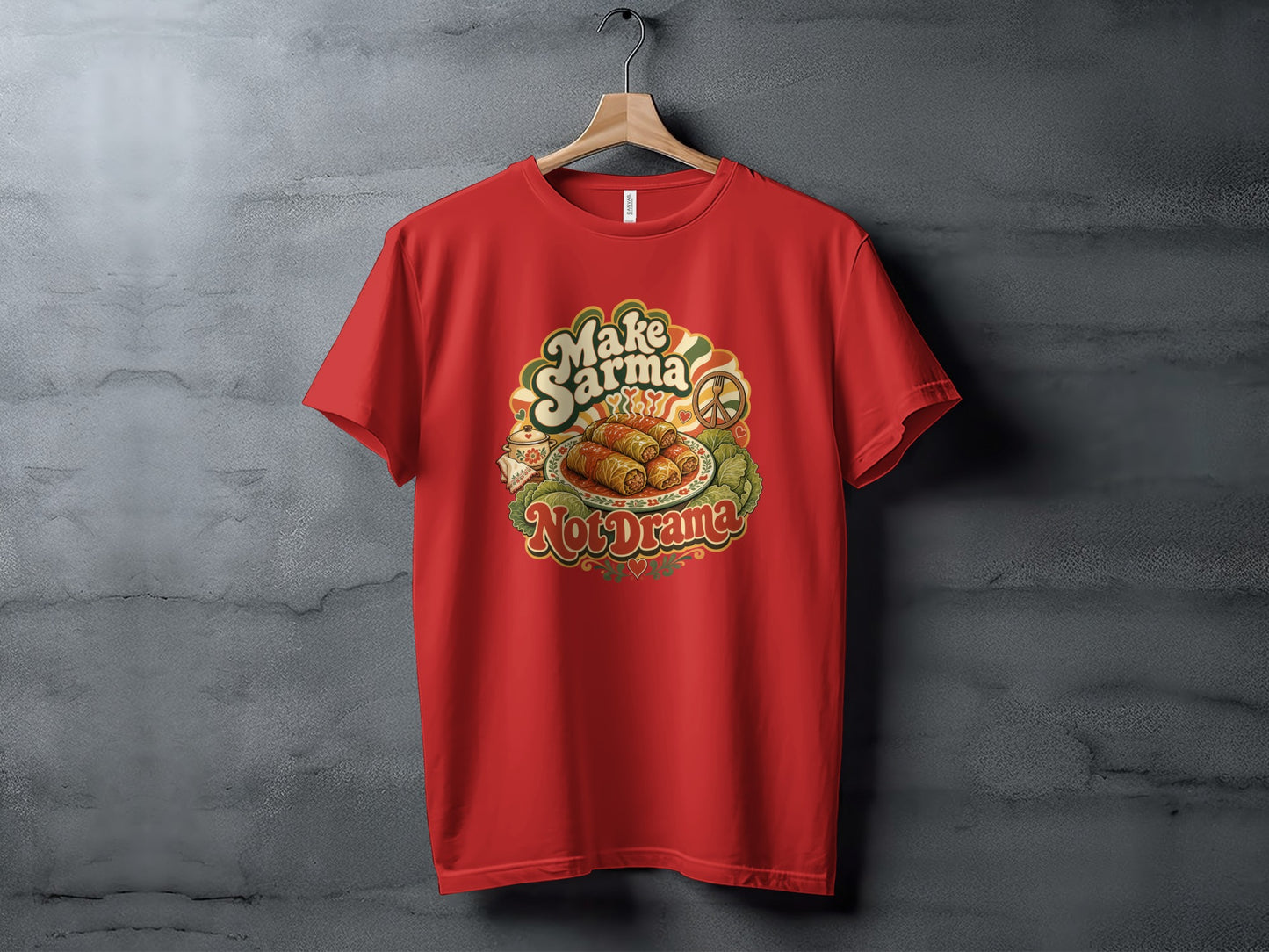 Red t-shirt featuring "Make Sarma" graphic with stuffed grape leaves and peace sign.