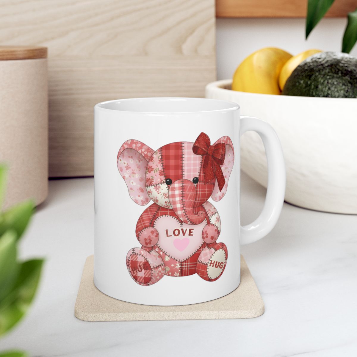Cute Patchwork Elephant with Love and Hugs Mug