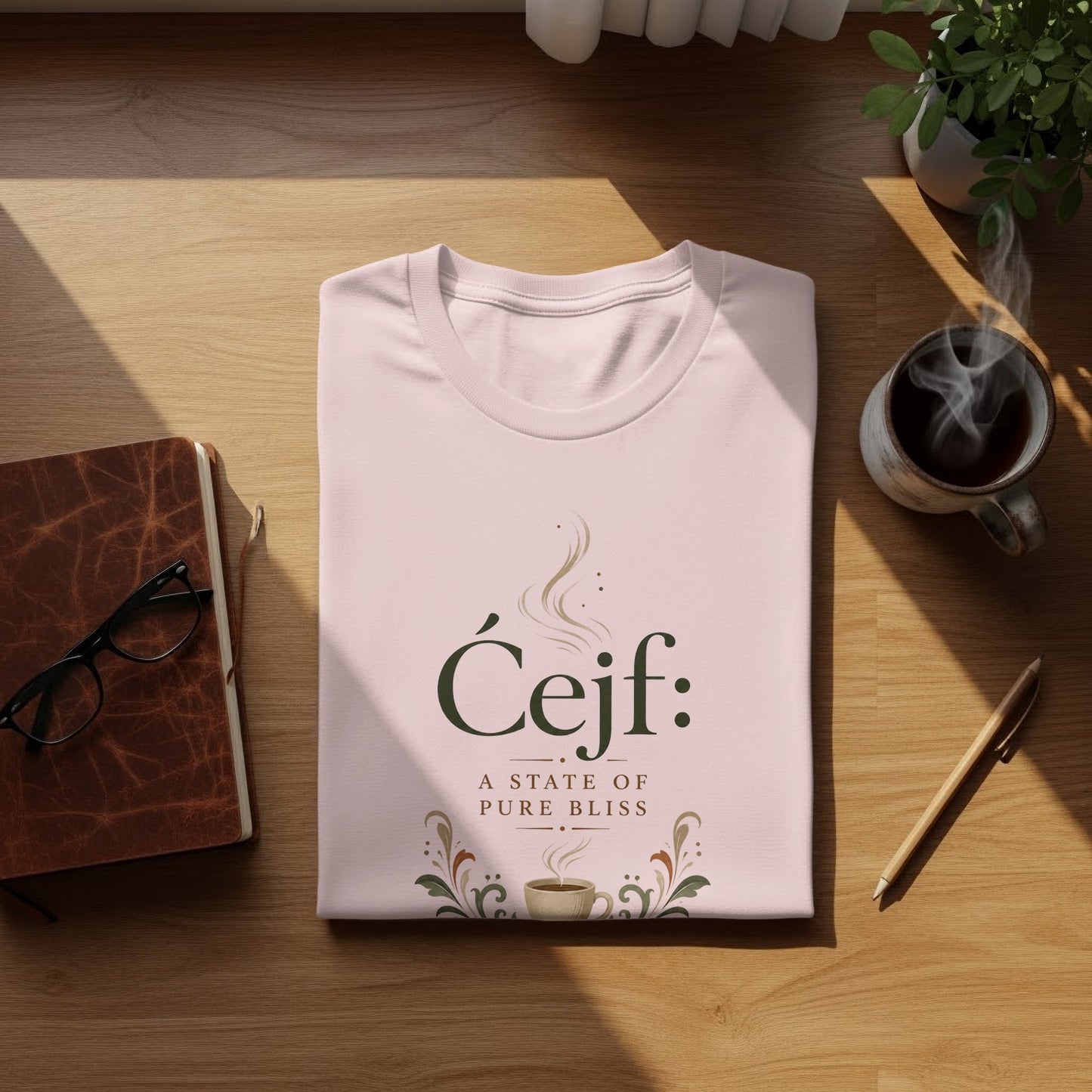 Pink t-shirt with "Ćejf: A state of pure bliss" and a coffee cup graphic.