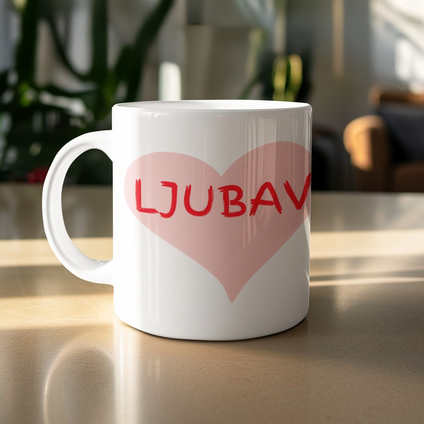 White Coffee Mug with Love Heart Ljubav Design