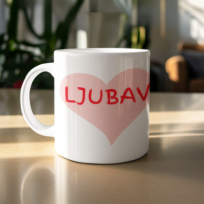 White Coffee Mug with Love Heart Ljubav Design