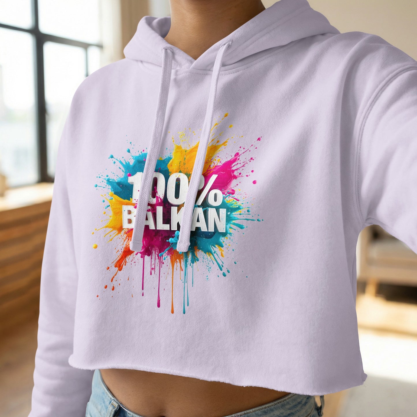 100% BALKAN colorful splatter design crop hoodie product type
