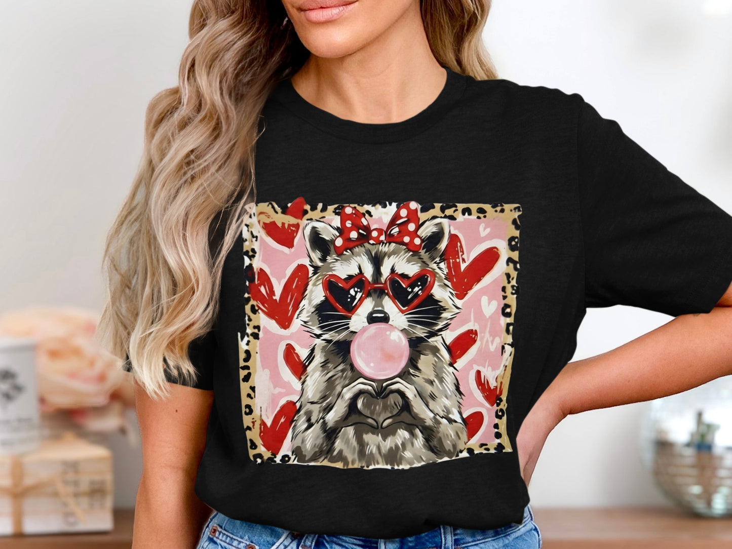 Cute Raccoon with Hearts and Bubblegum Graphic Shirt