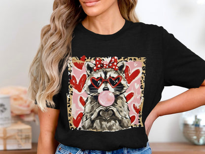 Cute Raccoon with Hearts and Bubblegum Graphic Shirt