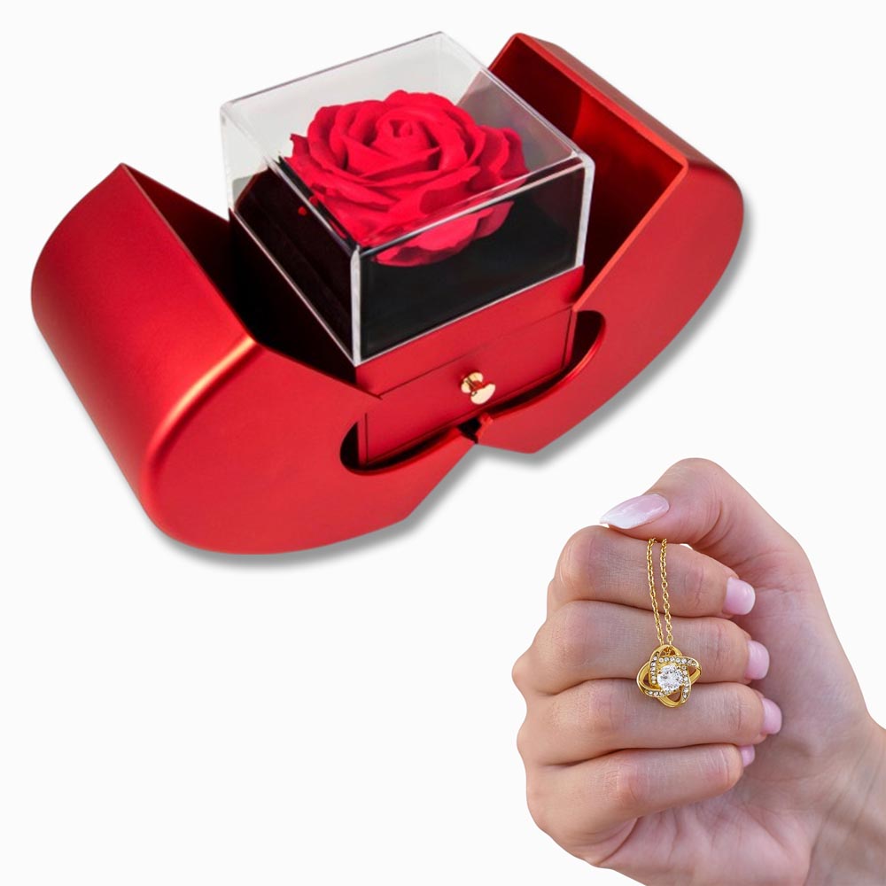 Luxury Heart-Shaped Rose Box with Love Knot Necklace – Unique Gift for Women