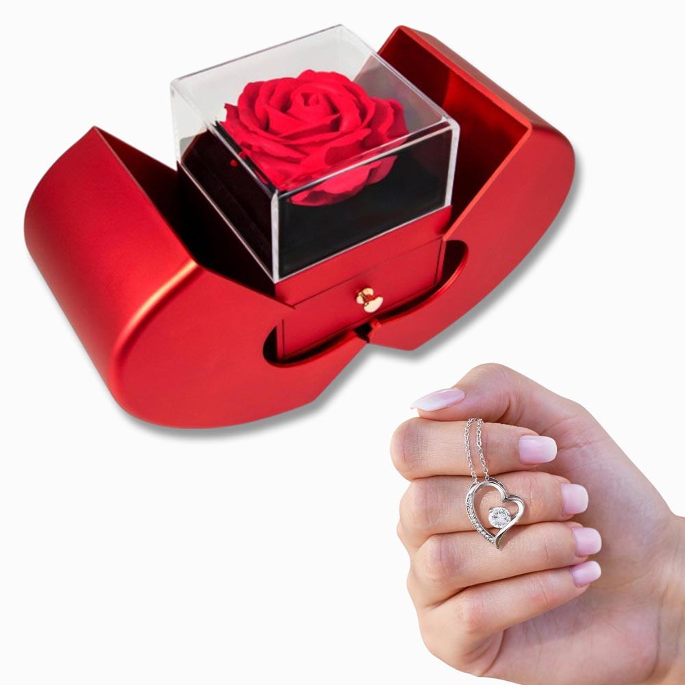 Luxury Heart-Shaped Rose Box with Forever Love Necklace – Unique Gift for Women