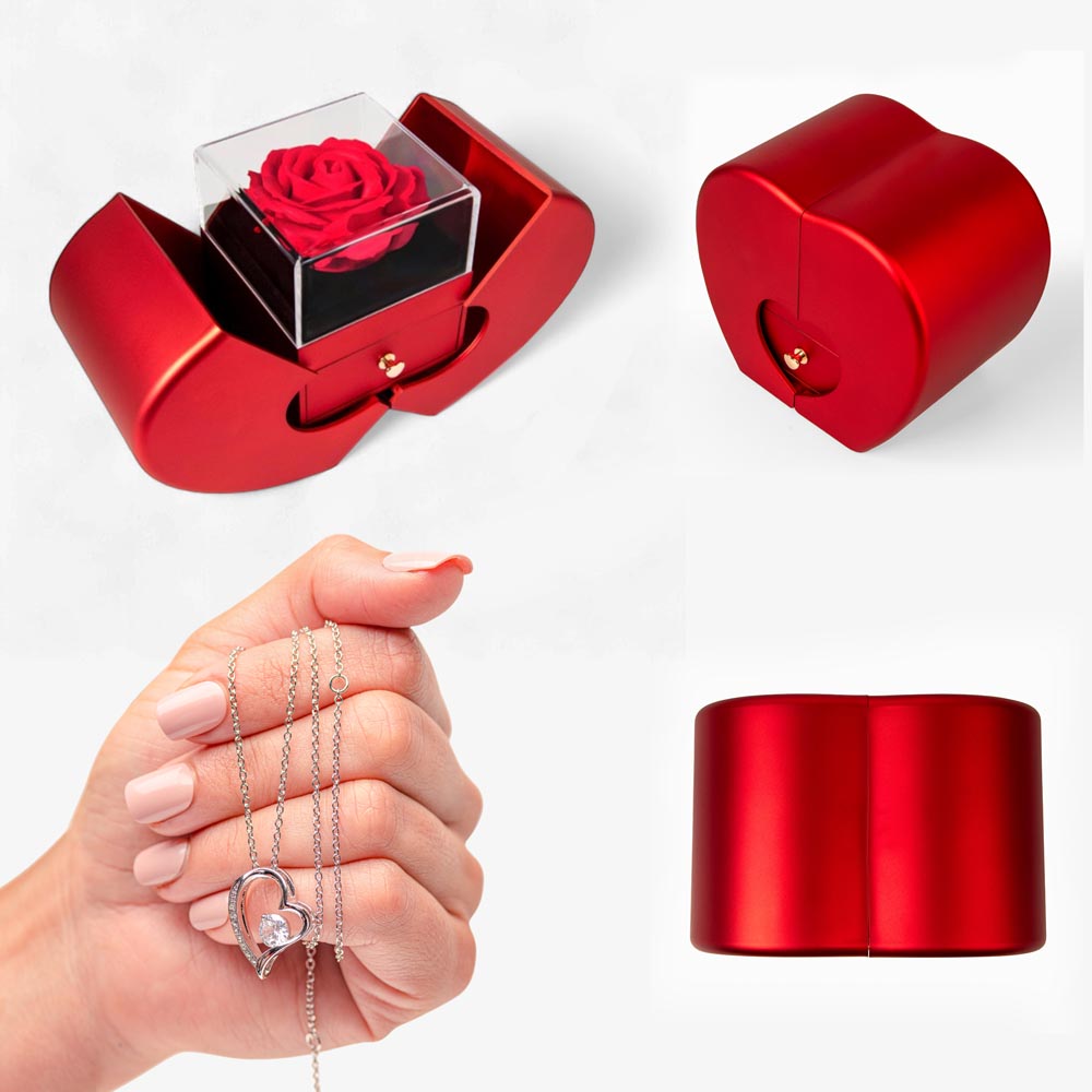 Luxury Heart-Shaped Rose Box with Forever Love Necklace – Unique Gift for Women