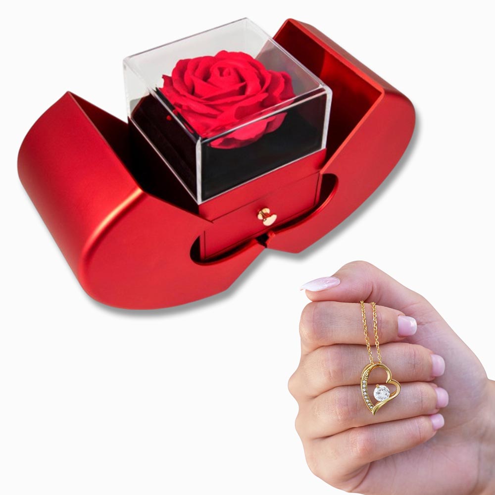 Luxury Heart-Shaped Rose Box with Forever Love Necklace – Unique Gift for Women