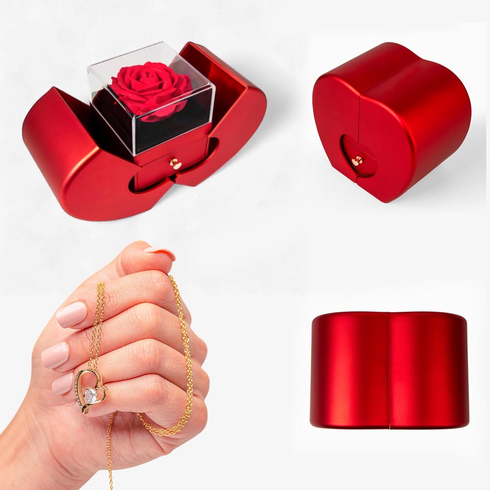 Luxury Heart-Shaped Rose Box with Forever Love Necklace – Unique Gift for Women