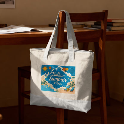 Canvas tote bag with "Balkan Summer Vibes" print and beach scene.
