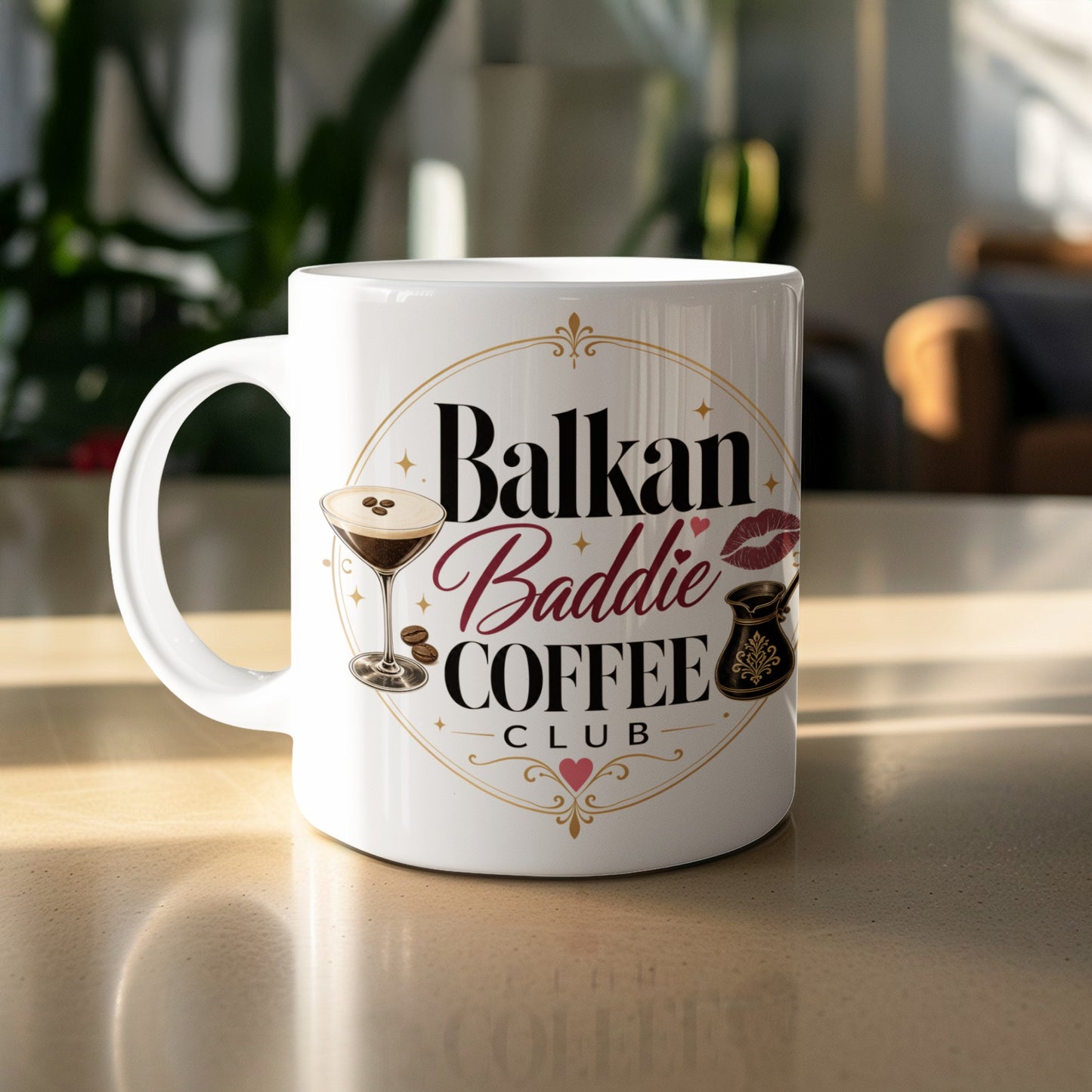 White mug with "Balkan Baddie Coffee Club" text, martini, and coffee pot graphic.