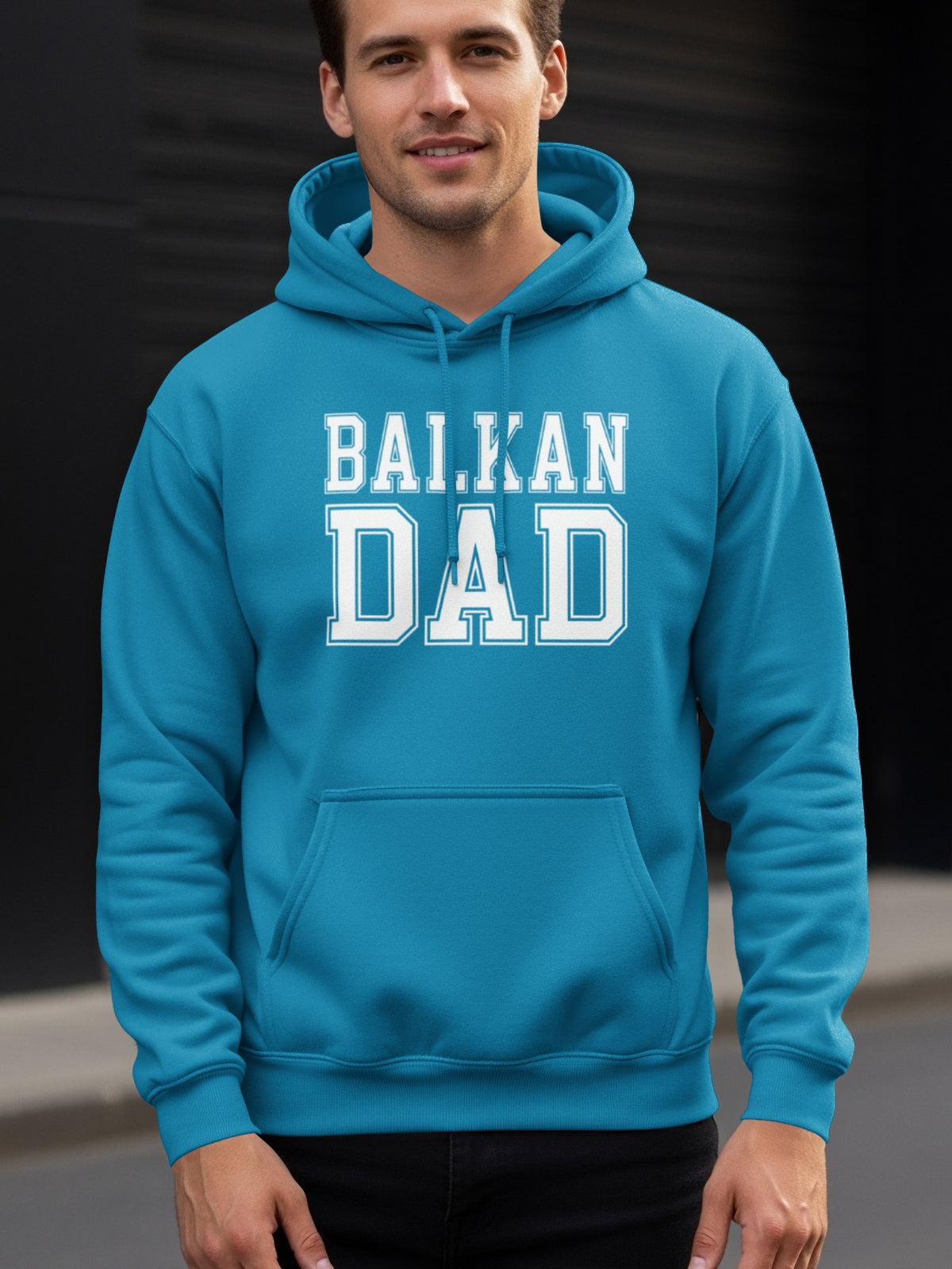 Blue hoodie with white text reading "BALKAN DAD" on the front.