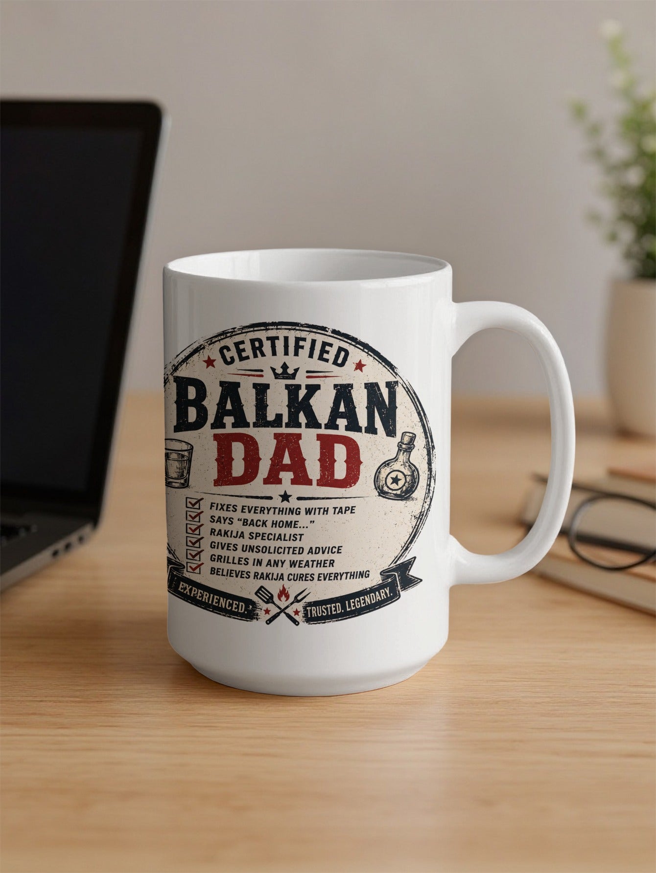 White mug with "Certified Balkan Dad" text and humorous claims about dad's skills.