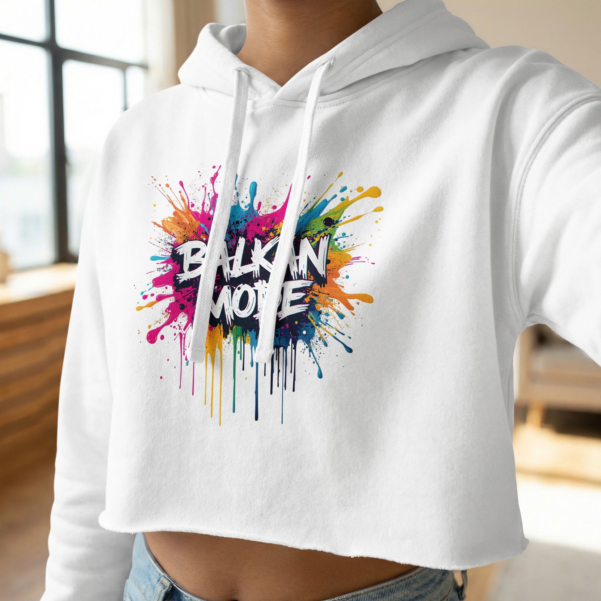 White Cropped Balkan Move Splatter Hoodie product type