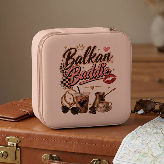 Pink cosmetic bag with "Balkan Baddie" text and coffee illustrations.