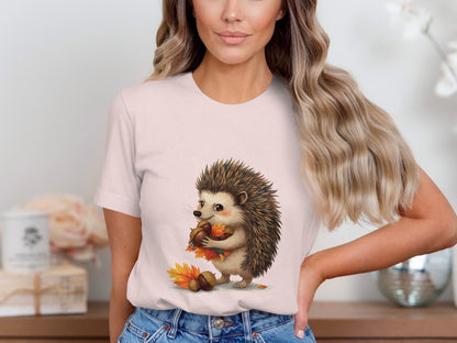 Cute Hedgehog with Fall Leaves Printed T-shirt product