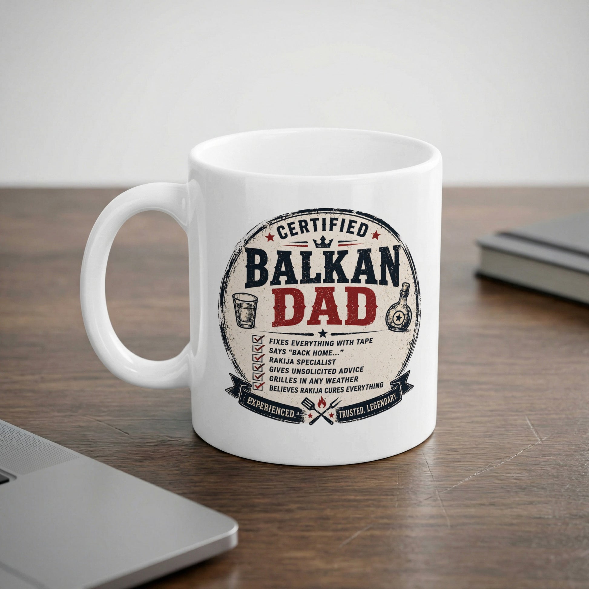 Certified Balkan Dad mug with text about fixing things and rakija.