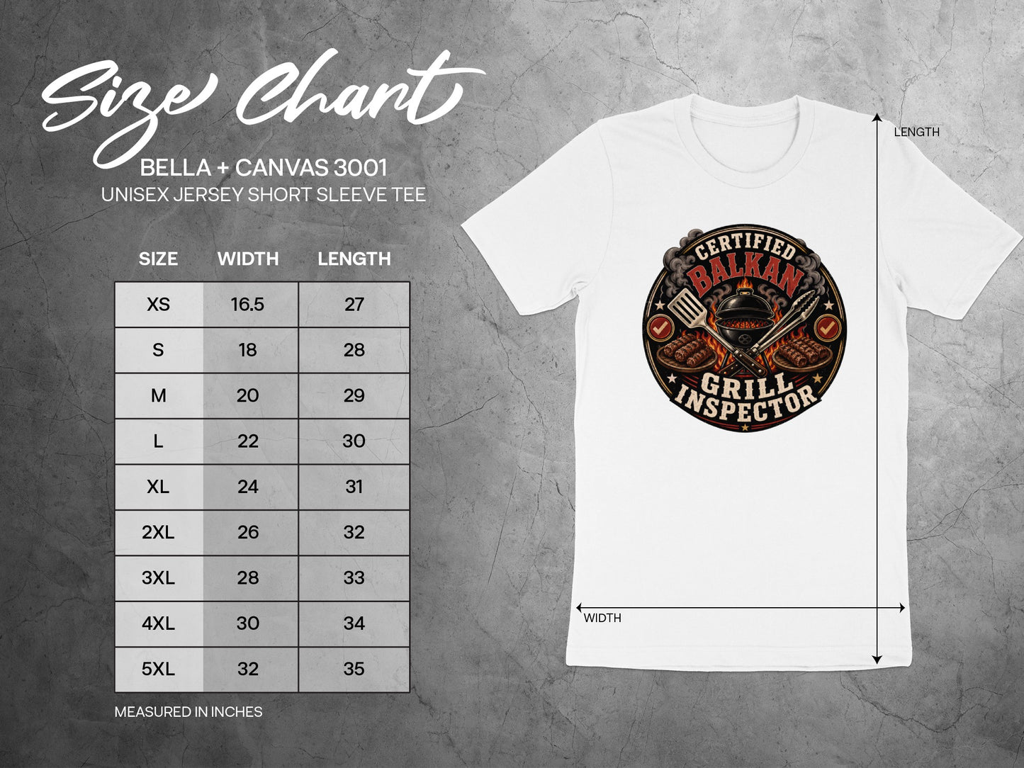 Size chart for Bella + Canvas 3001 unisex tee with grill inspector graphic.